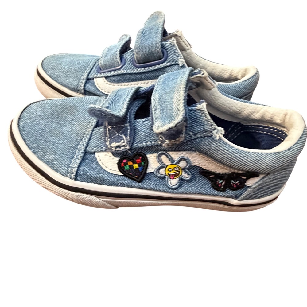 Vans Old Skool V Denim Patchwork Blue Sneakers Kids Size 12 Butterfly Heart